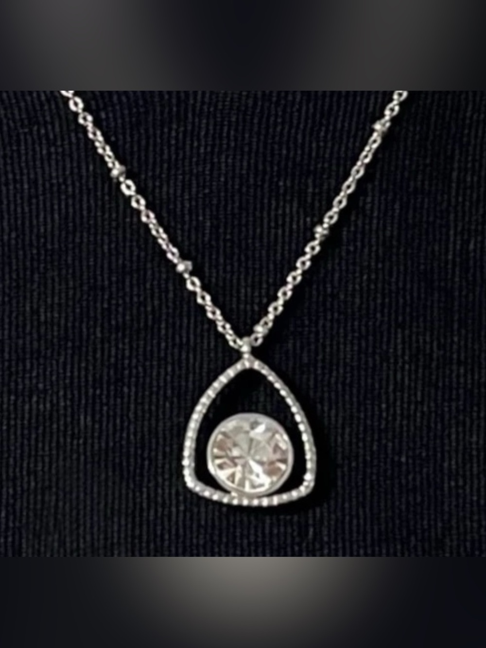 Clear Rhinestone Pendant Necklace Retro Silver Tone Teardrop Triangle Open Frame